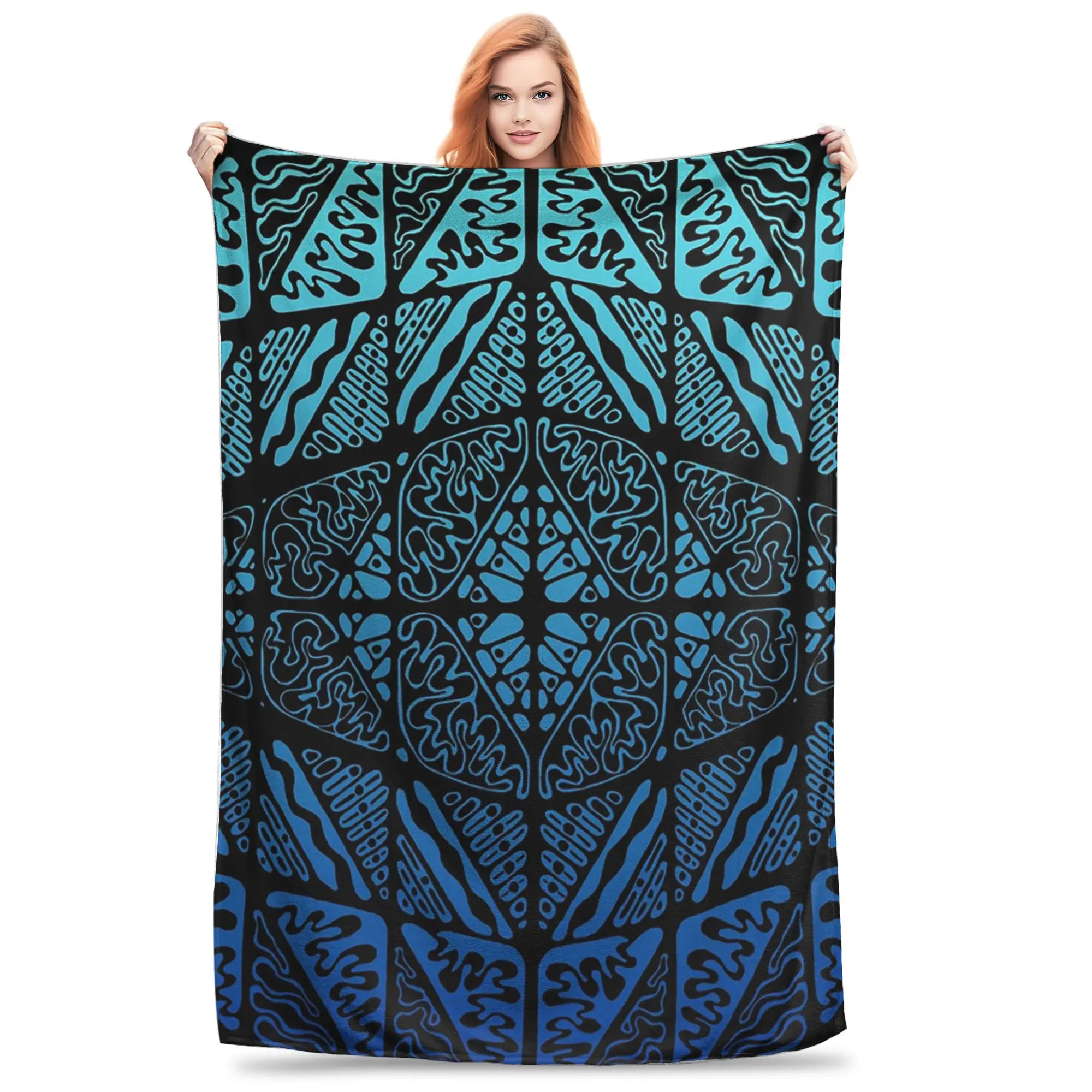 Hand-drawn Black and Teal Blue Ombre Pattern Blankets Multi-function Flannel Sofa Throw Blanket for Couch Bedding Office