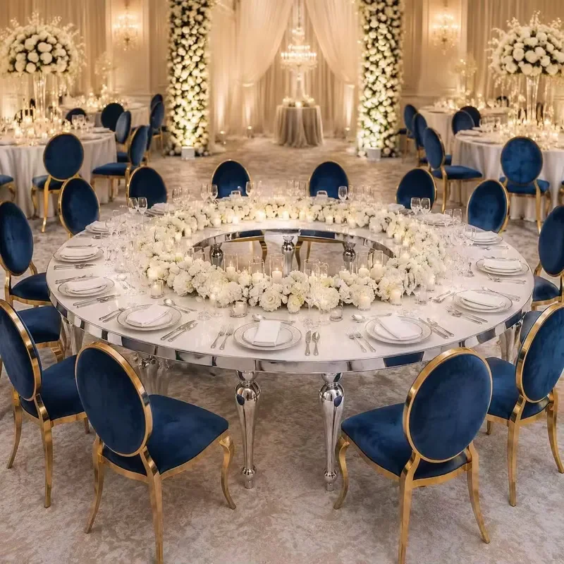 &Custom Stainless Steel Frame White Glass Top Elephant Leg Table Hotel Wedding Banquet Party Event Furniture
