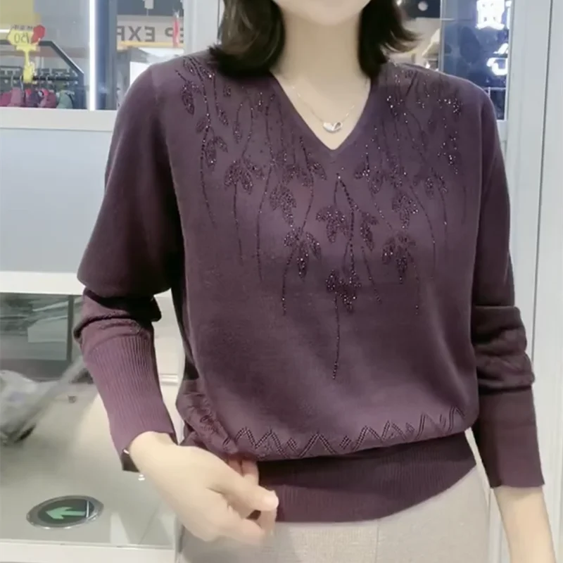 Simplicity Office Lady Autumn Winter New Women\'s Solid Diamonds Fashion Casual Long Sleeve Pullovers Bottoming Shirt Knitted Top