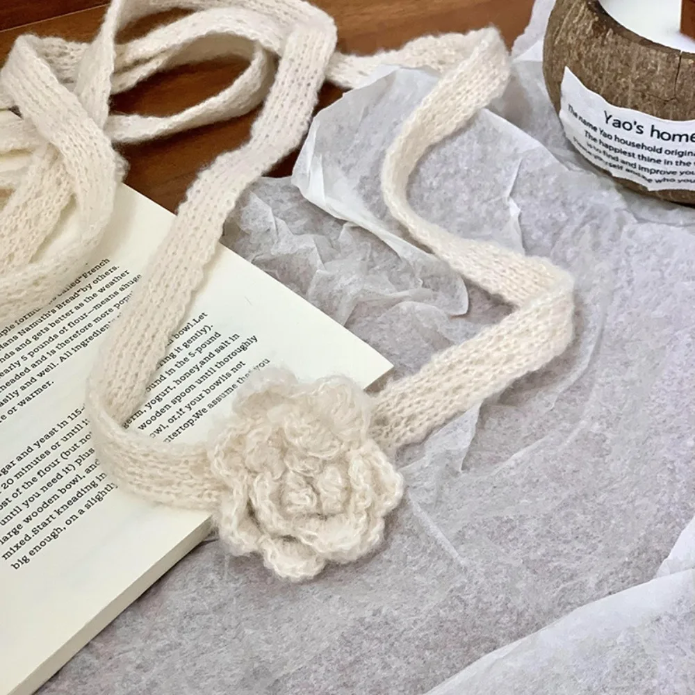 

Sweet Solid Color Rose Wool Shawl Handmade Crocheted Korean Style Knitted Scarf Keep Warm Ribbon Long Narrow Scarves Streetwear