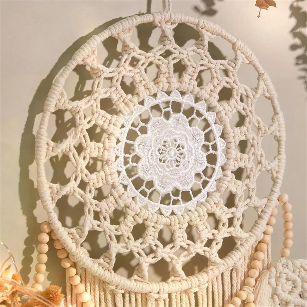 Bohemian Hand-Woven Tapestry Wooden Bead Leaf Round Tapestry Room Bedroom Decoration