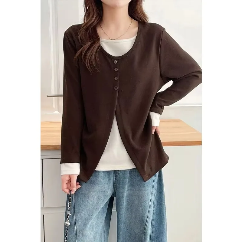 Korean Women Two Piece Long Sleeve Top Autumn Cotton Round Neck Shoulder Spliced Casual Commute T-shirt