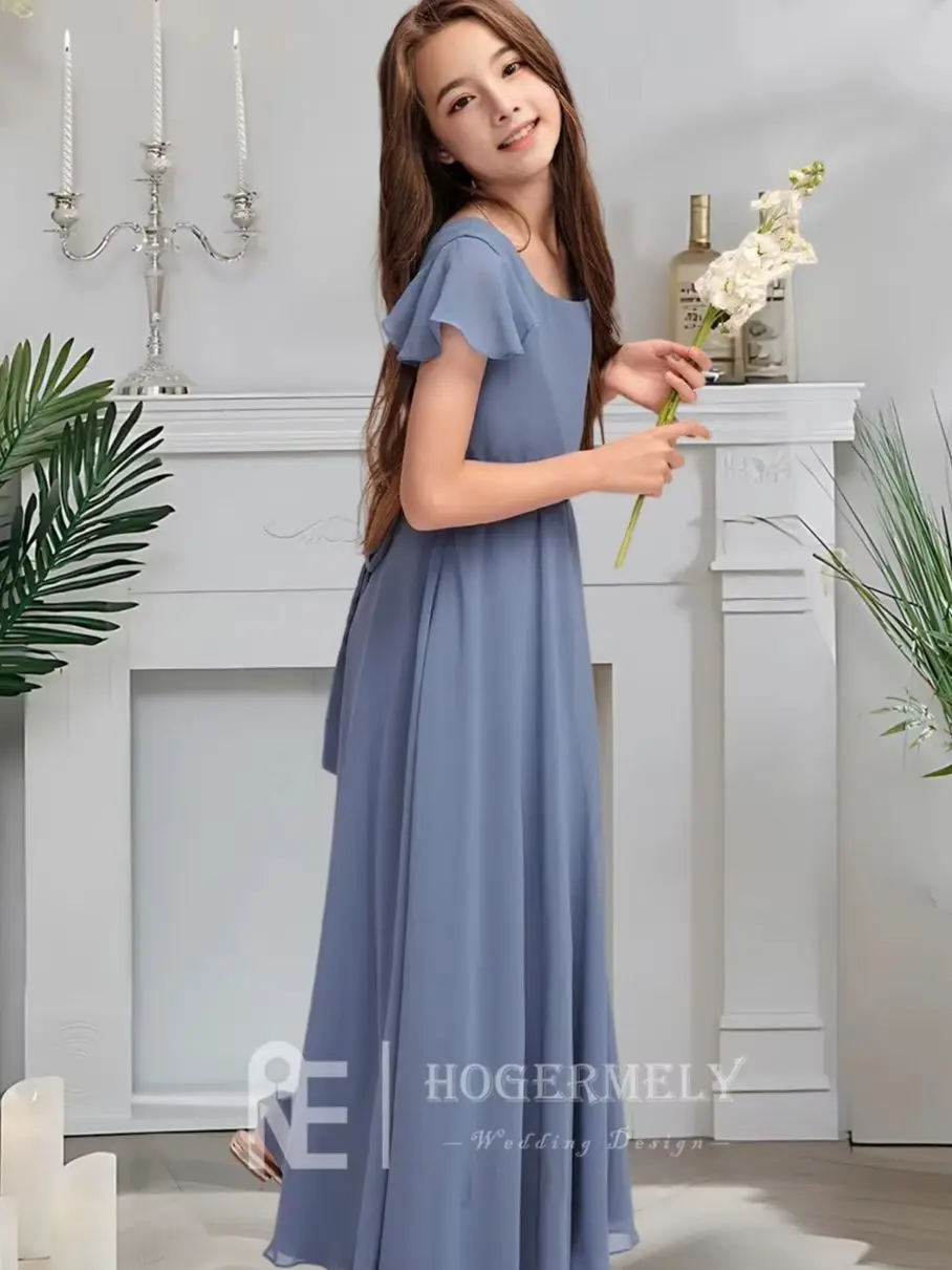 TLK Blue A Line Square Neck Chiffon Junior Bridesmaid Dress Floor Length With Sash Bow Ideal For Flower Girl Dress Wedding Party