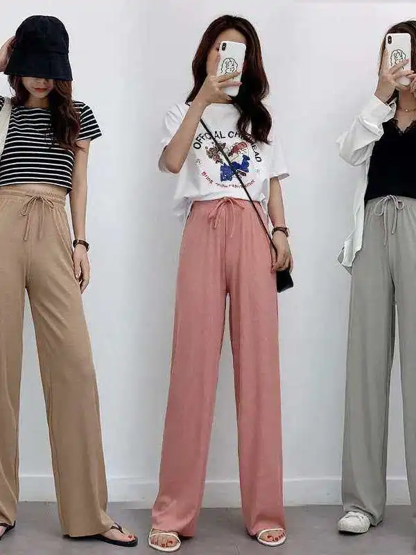 

Широкие брюки из ледяного шелка с высокой талией, свободного кроя, летние, новые, женские, повседневные, из материала Cleanfit Sle PVC, полиэфирное волокно