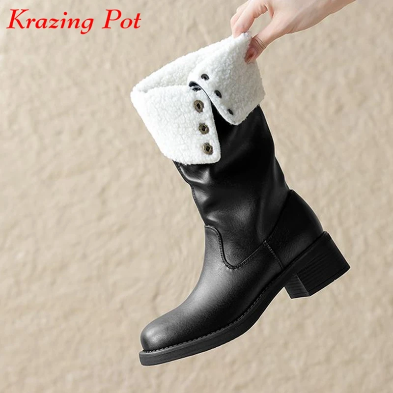 

Krazing Pot Cow Leather Fur Round Toe Med Heels Snow Boots Rivets Winter Gladiator Vintage Street Wear Keep Warm Mid-calf Boots