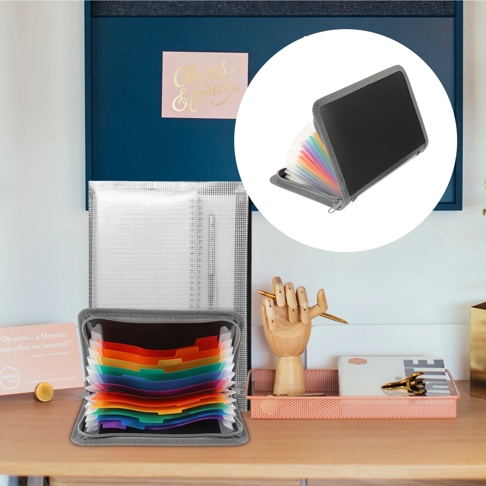 Mini Accordion Bag Rainbow Edged Zipper File Organizer Gray Border Papers Receipts Tickets Vouchers Multi Layer Storage Folder