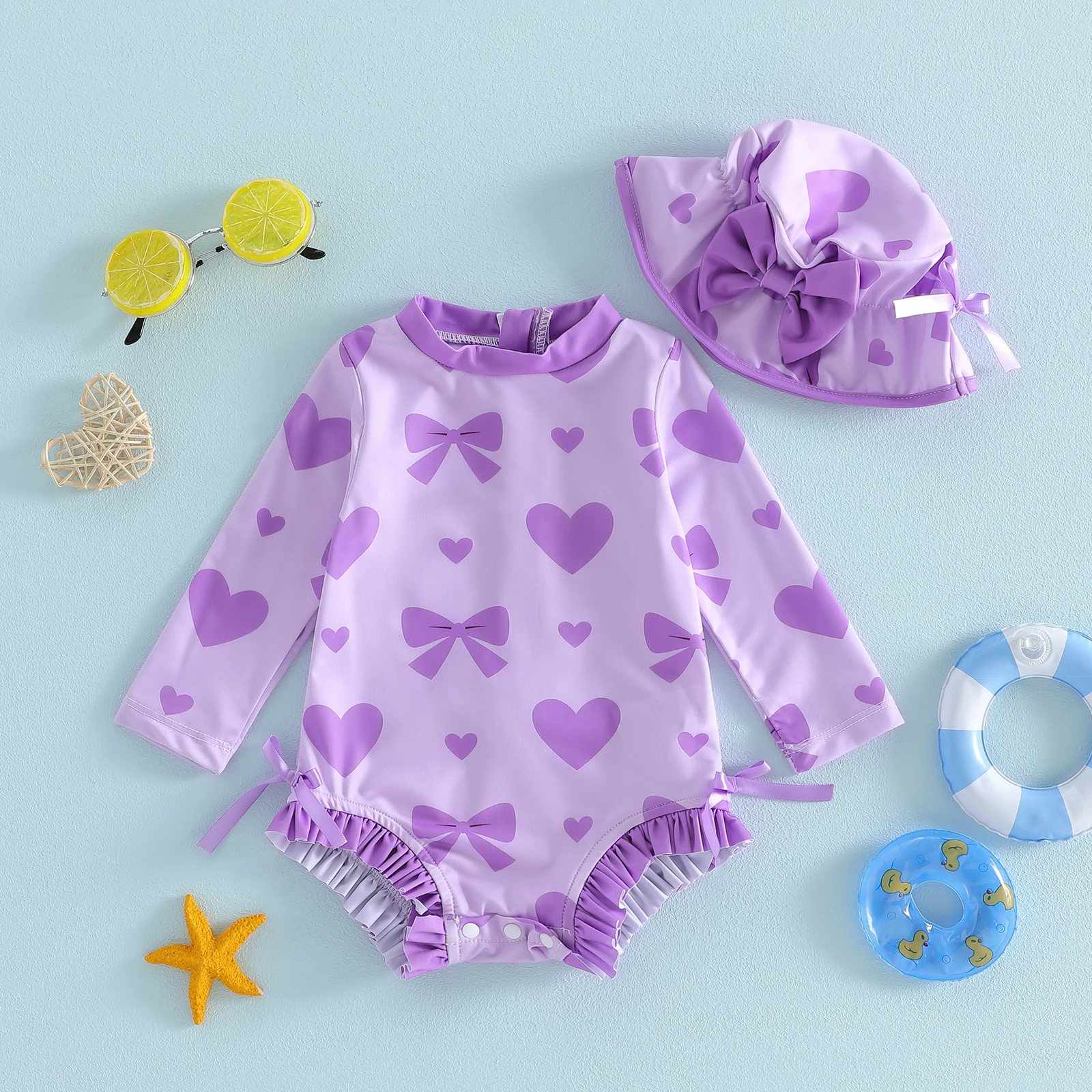 Summer Toddler Baby Girls Swimsuits Heart Bow Rush Guard Long Sleeve Bathing Suits with Sun Hats 2 Piece Swimwear Beachwear