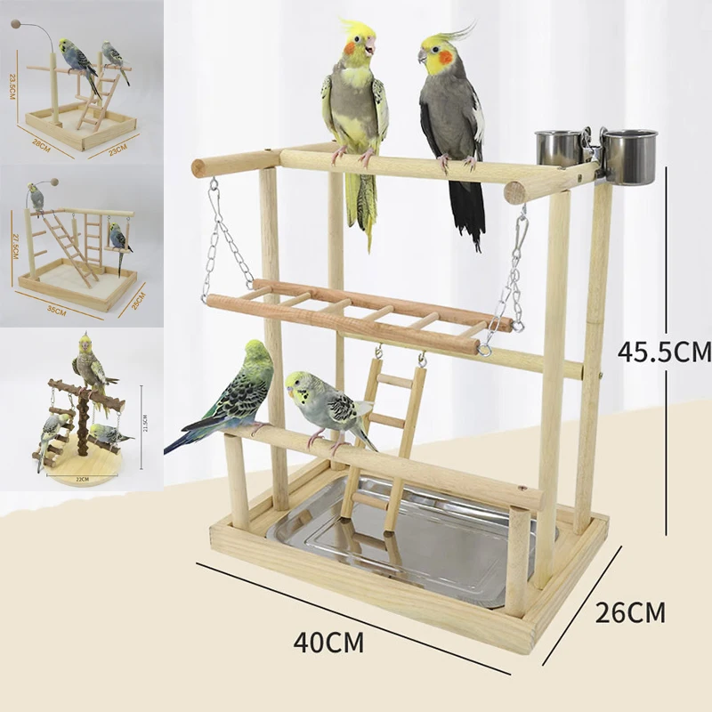 

Birds Parrot Playstands with Water Cup Toys Tray Bird Swing Climbing Hanging Ladder Bridge Wooden Cockatiel Perches Playground