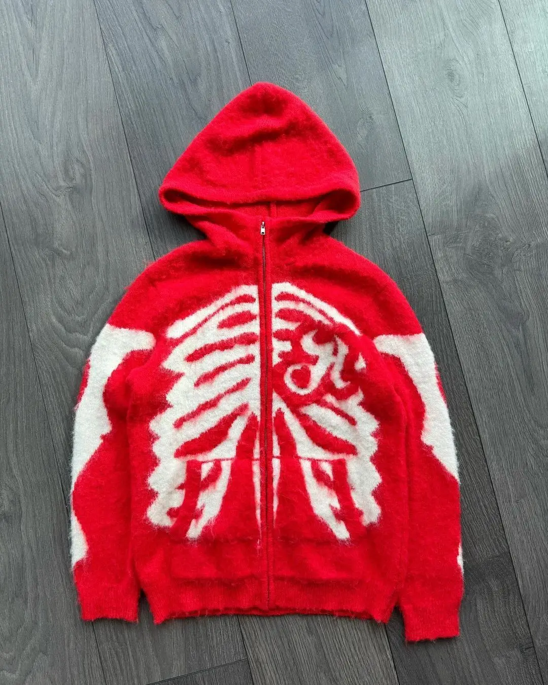 

Cross border punk hip-hop knitted cardigan with skull and hooded fur skeleton jumpsuit, zipper sweater jacket