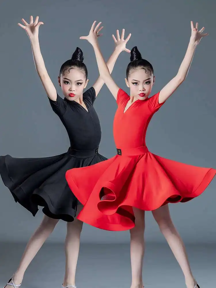 子供用ラテンダンス衣装、女の子用ダンス衣装、子供用練習衣装、女の子用半袖ワンピースラテンダンス