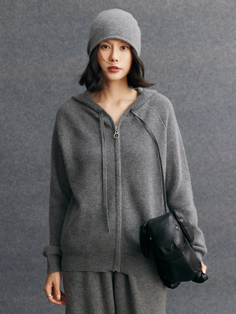 

Новый женский свитер из 100% кашемира с капюшоном на молнии, кардиган для осени и зимы, мягкий, удобный, повседневный стиль, с длинным рукавом, простой вязаный топ