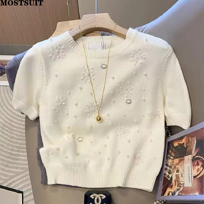 

Pearl Beading Knit Sweater Tops Women 2025 Autumn Short Sleeve Round Neck Knitwear Tees Solid Elegant Stylish Chic Ladies Jumper