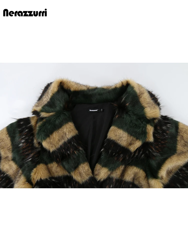 Nerazzurri Winter Long Thick Warm Colorful Striped Soft Hairy Fluffy Faux Fox Fur Coat Women Sashes Luxury Furry Overcoat 2024