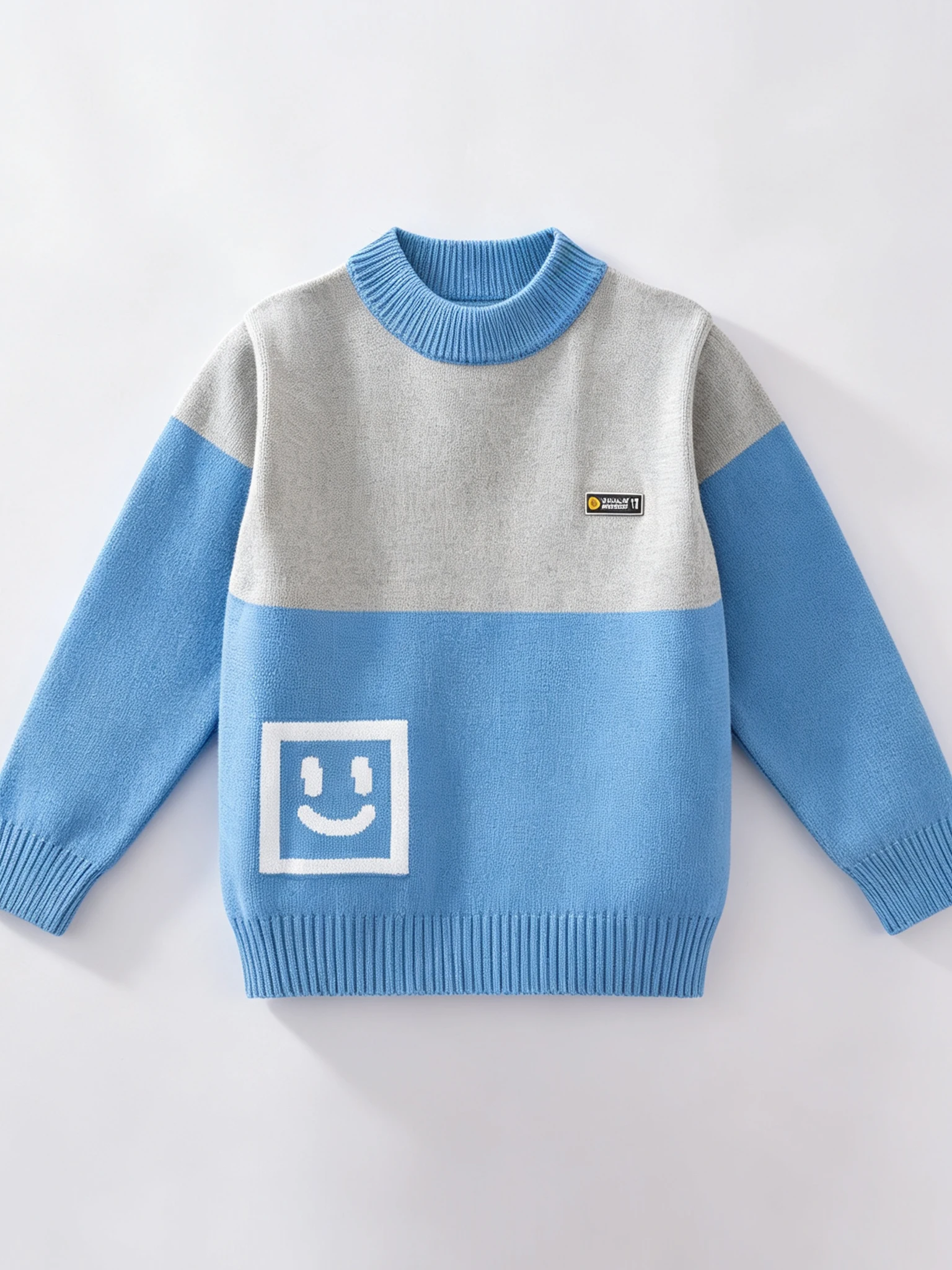 Cheerful Smiley Face Knit Sweater for Boys Block Pullover, Cozy Autumn Winter Top for Kids