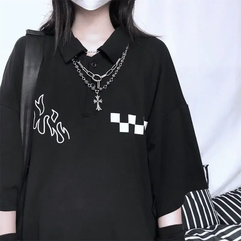 

QWEEK Harajuku Plaid Print Black T-shirt Women Streetwear Japanese Style Korean Fashion Summer Tees Tops 2021 Kpop Alt Clothes