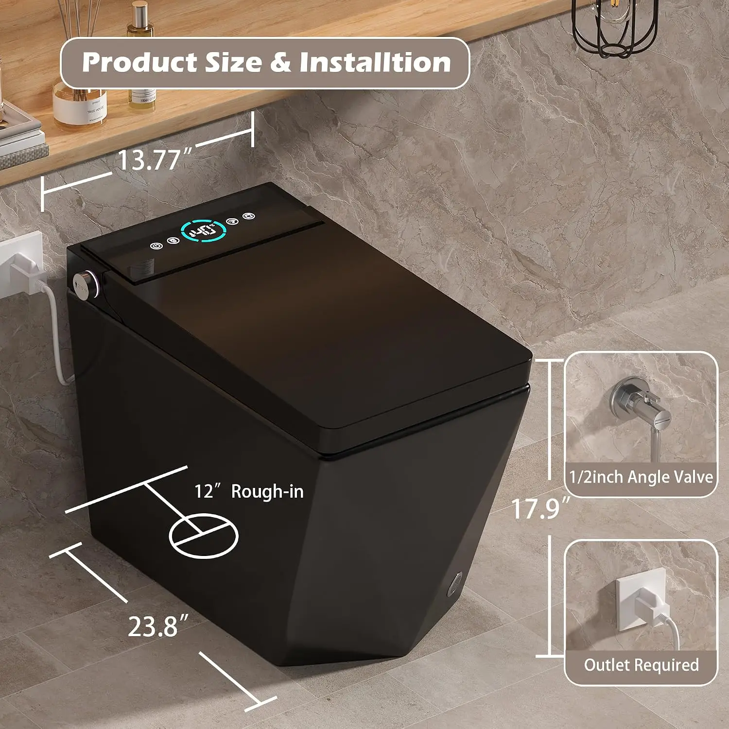 Square Smart Toilet Bidet For Modern Bathroom,Diamond-shaped Sleek Design Elonagted Rectangle 17