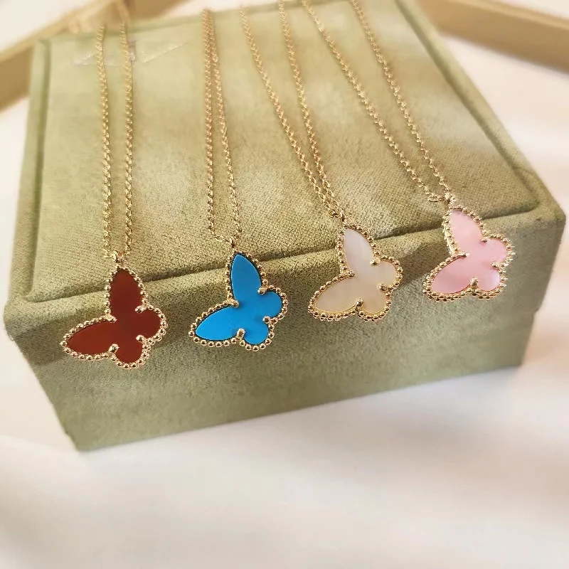 

S925 Sterling Silver Mini White Fritillaria Butterfly Pendant Women's Agate Turquoise High Quality Luxury Necklace