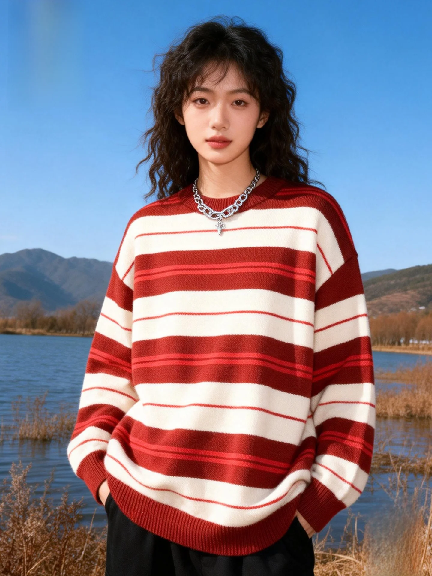 

Трикотажный свитер Large Mouth Monkey Stripe, осенне-зимний, винтажный, модный, мягкий, теплый, с длинными рукавами и круглым вырезом