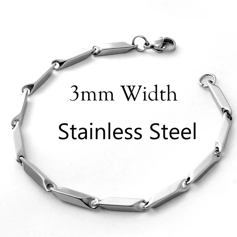 2/3mm Wide Stainless Steel Bamboo Chain Bracelet 19/21/23cm Length Silver Color Men Women Hand Jewelry Waterproof Drop Shipping