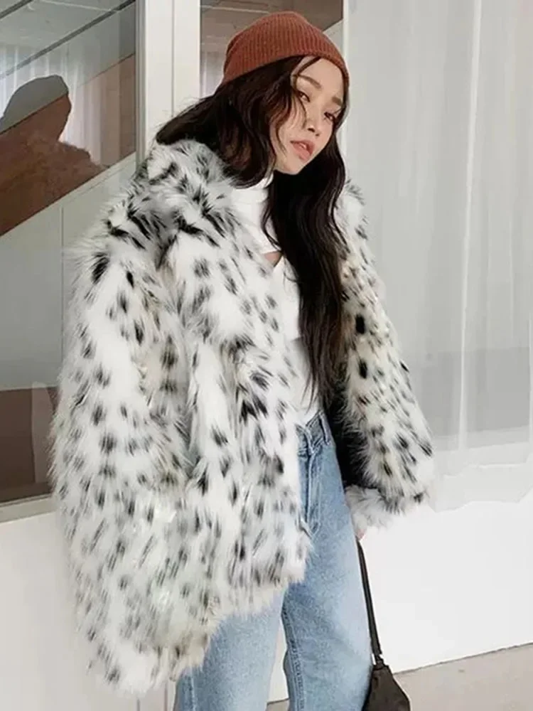 Casaco feminino de pele de raposa falsa, estampa leopardo, jaqueta fofa, grossa e quente, casaco de pelúcia solto, casaco de neve casual, senhora, inverno, novo, 2022