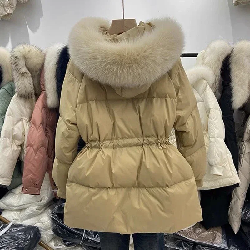 2025 Winter Women\'s Down Jackets Ultra Light Warm Coat Female Jacket Woman With a Belt Hooded Parka Big Fur Collar Overcoat