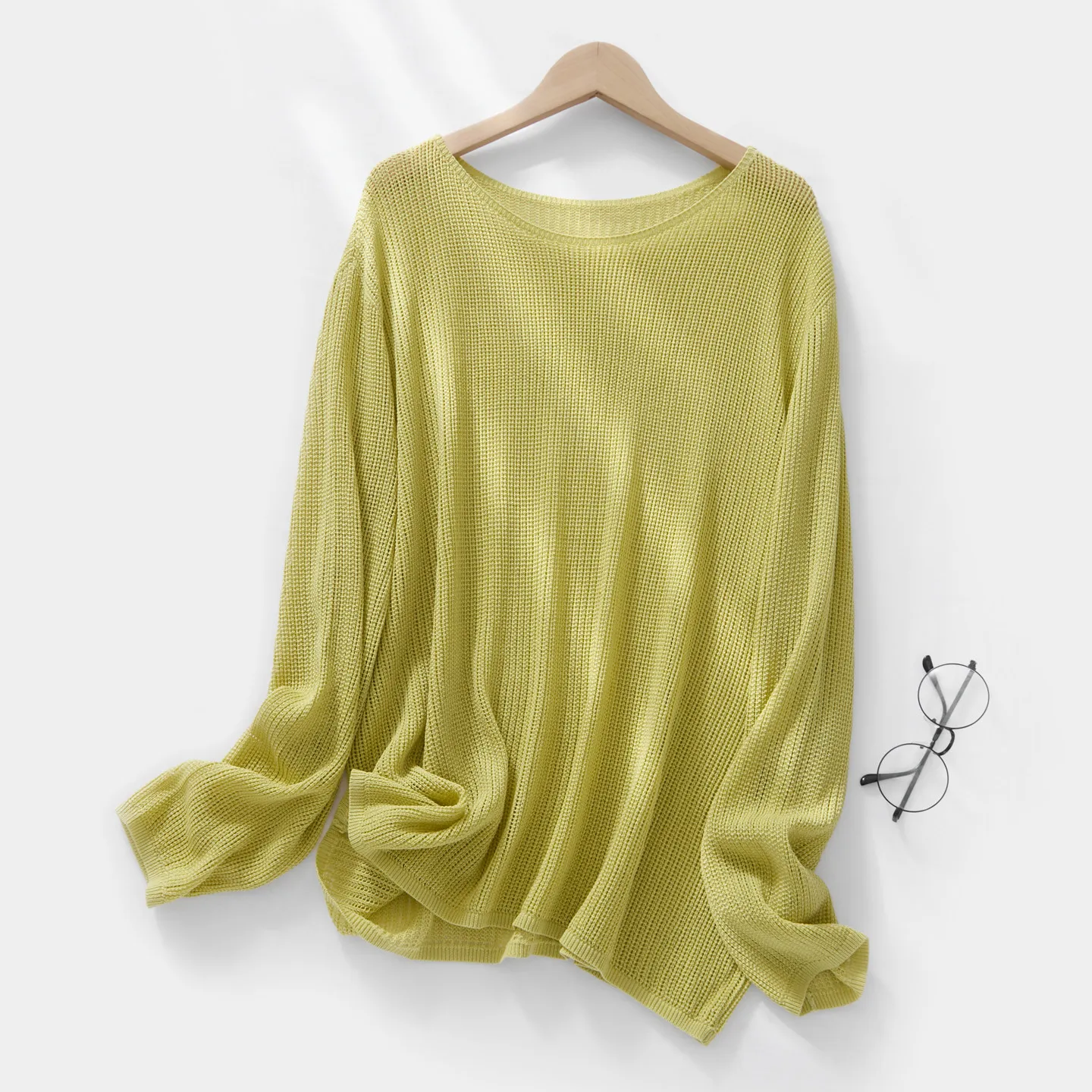 Linen Knitted Hollow out Top Women's Summer Lightweight Long Sleeve Mesh Shirt Loose Sun Protection Casual Style