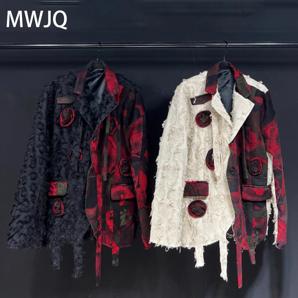 

MWJQ Spliced Printed Knitted Niche Design Male Blazer High Street Vintage Silhouette Emboridery Loose Trend Tops Autumn 010394