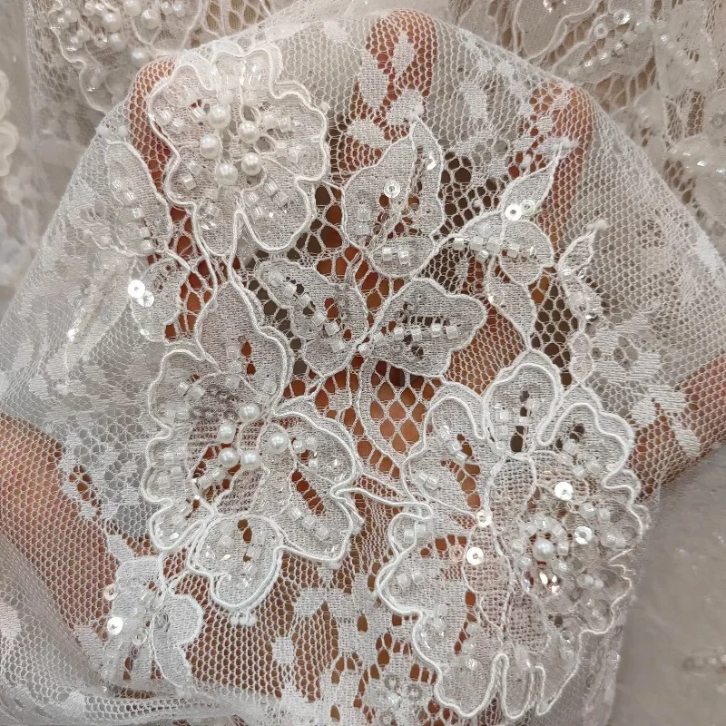 3M--1.5M. New Light Luxury French Lace Fabric, Adorned with Positioning Bead Embroidery and Bone Embroidery Hollow Design