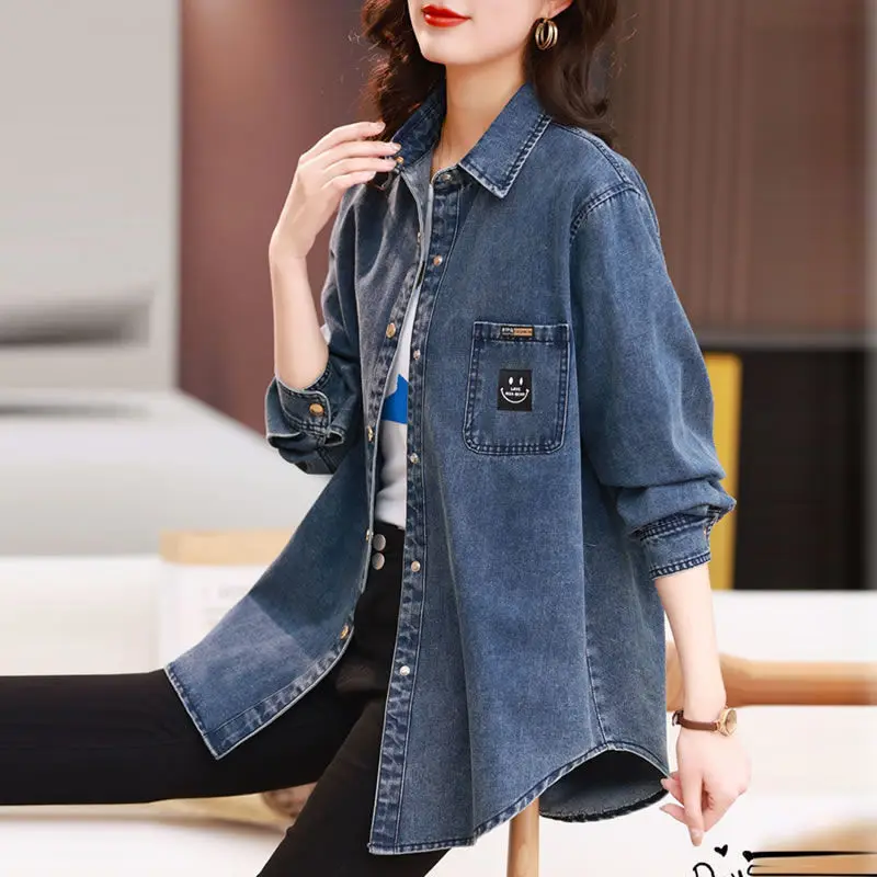 

New Autumn Women Denim Shirt Korean Long Sleeve Blue Jean Blouse Female Elegant Blouses Single Breasted 100% Cotton Casual Tops