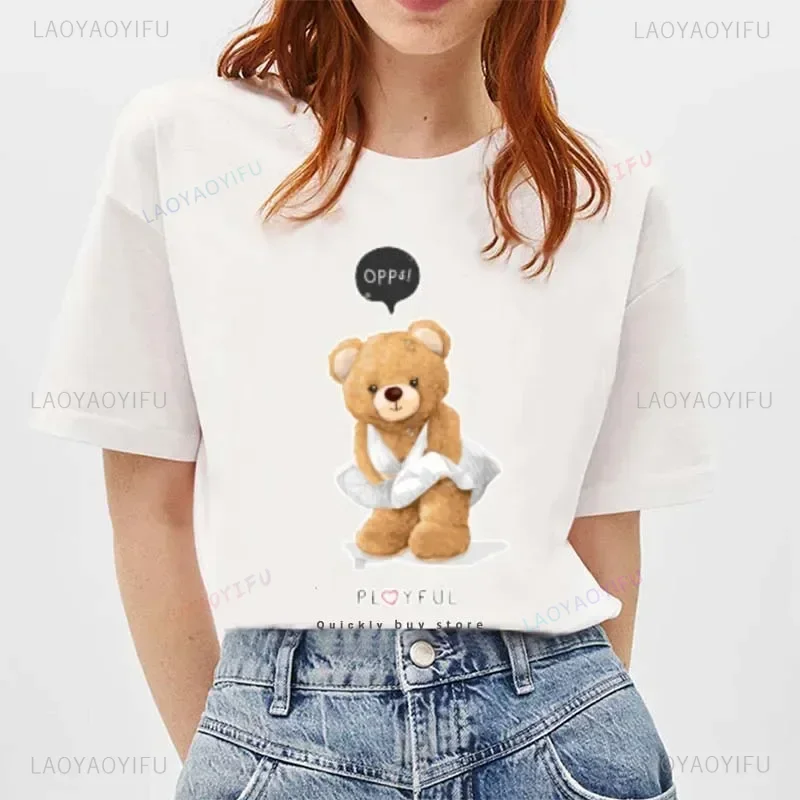 Marilyn Monroe Teddy Bear Pattern Printed Tshirt Women Summer Short Sleeved Casual T-shirt Unisex Tees Cartoon Harajuku T Shirt