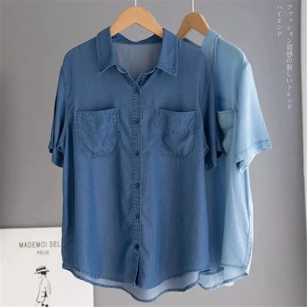 Y2k Solid Demin Blouse 2024 Elegant Short Sleeve Blue Women Casual Solid Loose Tops Tees Summer Button Up Lapel Oversized Blusas