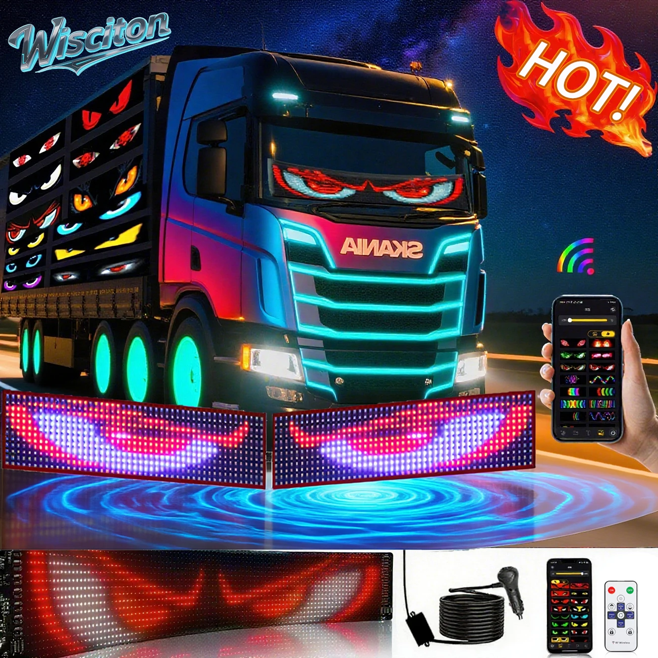 트럭용 LED 눈, 자동차 앞 유리 패널 트럭 LED 픽셀 패널 조명, 리모컨 소프트 스크롤링, 대형 트럭용 보드 조명