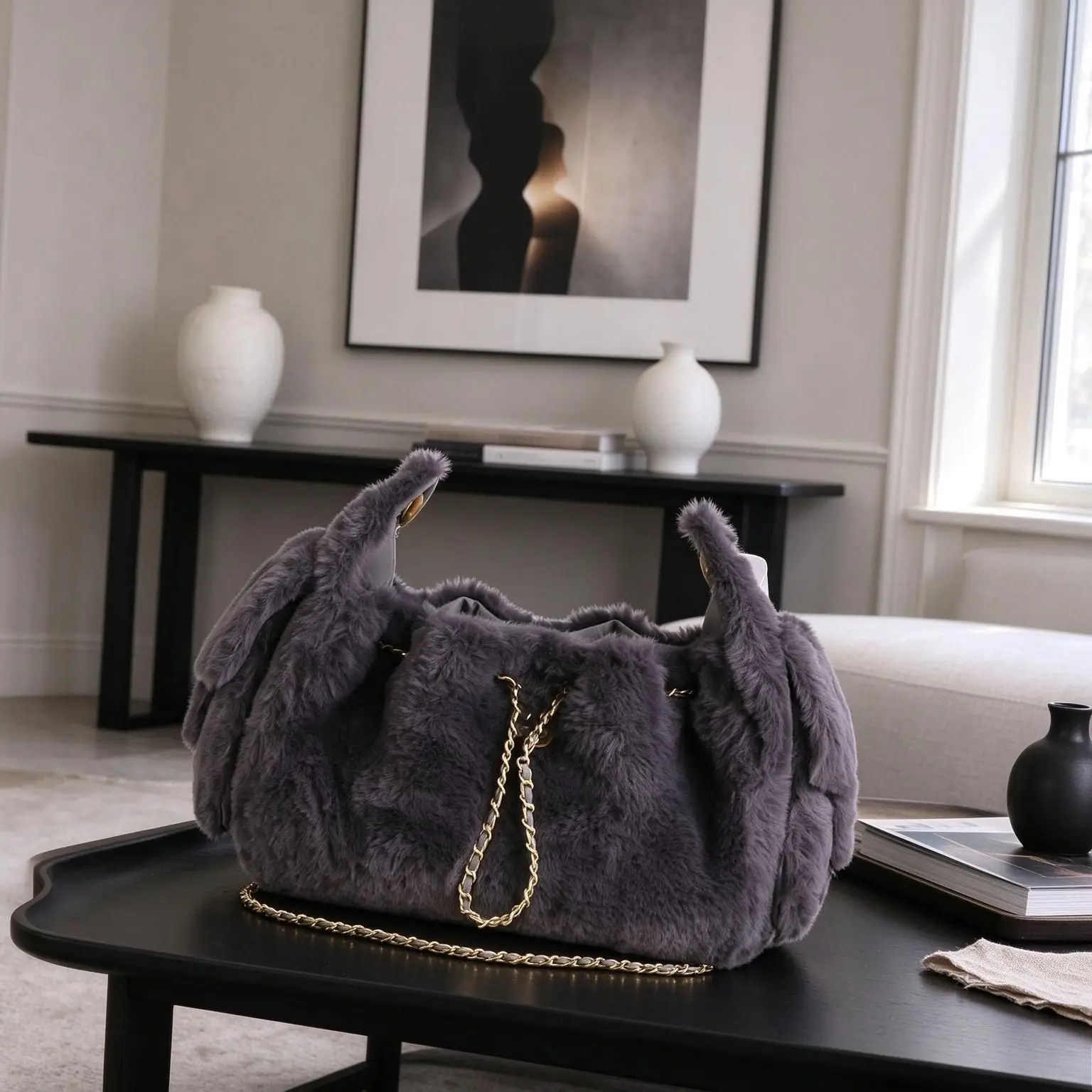 Elegant Grey Plush Faux Fur Bucket Bag For Women Fluffy Texture Leather Woven Gold Chain Drawstring Crossbody Handbag