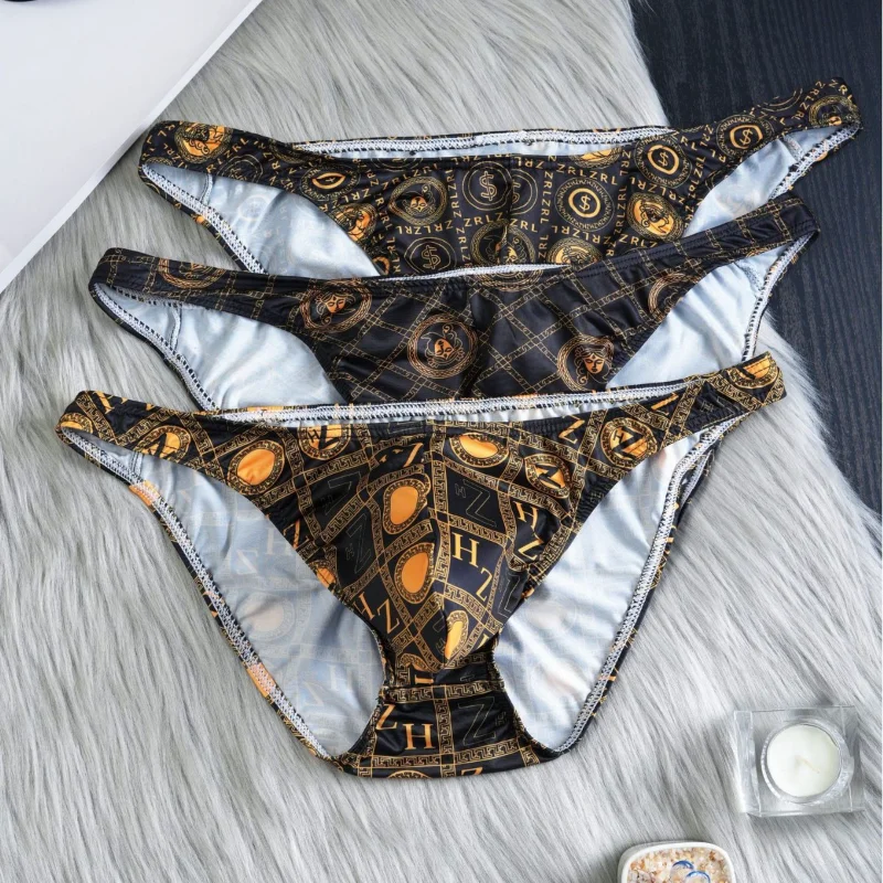 Men's Briefs Ice Silk Thin Breathable Underwear Retro Printed Quick-Drying Panties Luxury High Elastic Pouch Bikini Slip Homme