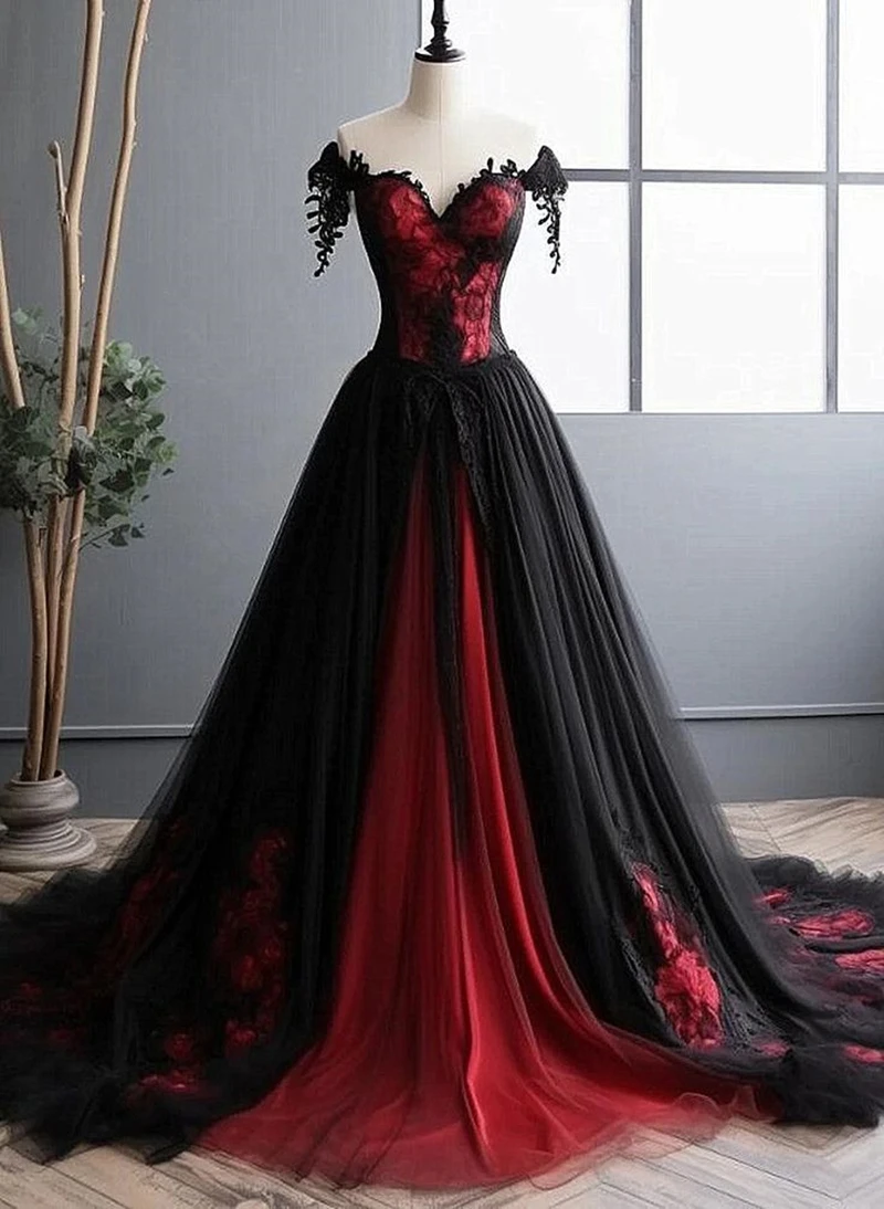 

Vintage Black And Red A-Line Wedding Dresses Lace Appliques Off The Shoulder Long Gothic Bridal Gowns Sweetheart Fantasy Vestido
