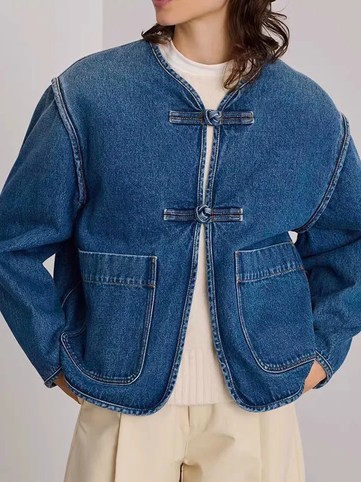 

Slimming Denim Jacket Chinese Style Simple Fashion Autumn Winter Outerwear with Button Design Cotton Material Women's Coat