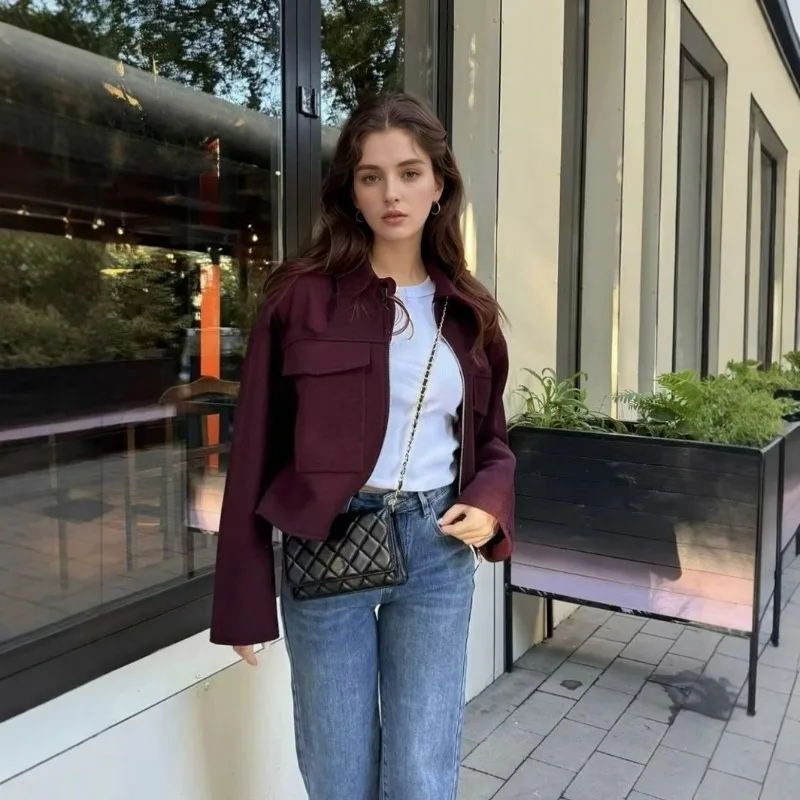 

2025 трансграничное женское повседневное шерстяное пальто в европейском и американском стиле, весенне-осеннее модное свободное пальто на молнии с большими карманами и лацканами