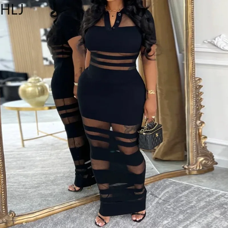 

HLJ Sexy mesh see through bodycon Long Dresses Women Solid color Short sleeve lapel Dress female streetwear Vestidos summer new