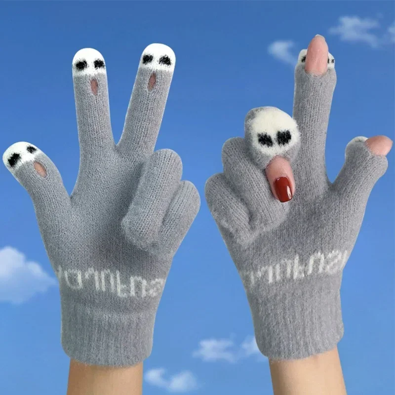 

Cute Panda Fingertip Warm Gloves Women Girls Winter Fluffy Knitted Fingerless Glove Wool Touchscreen Phone Full Finger Mittens