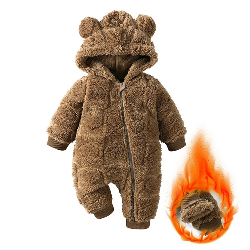 

Baby Winter Plush Jumpsuit Solid Color Hooded Warm Infant Clothing Suitable for Newborns Baby 0-18 Months