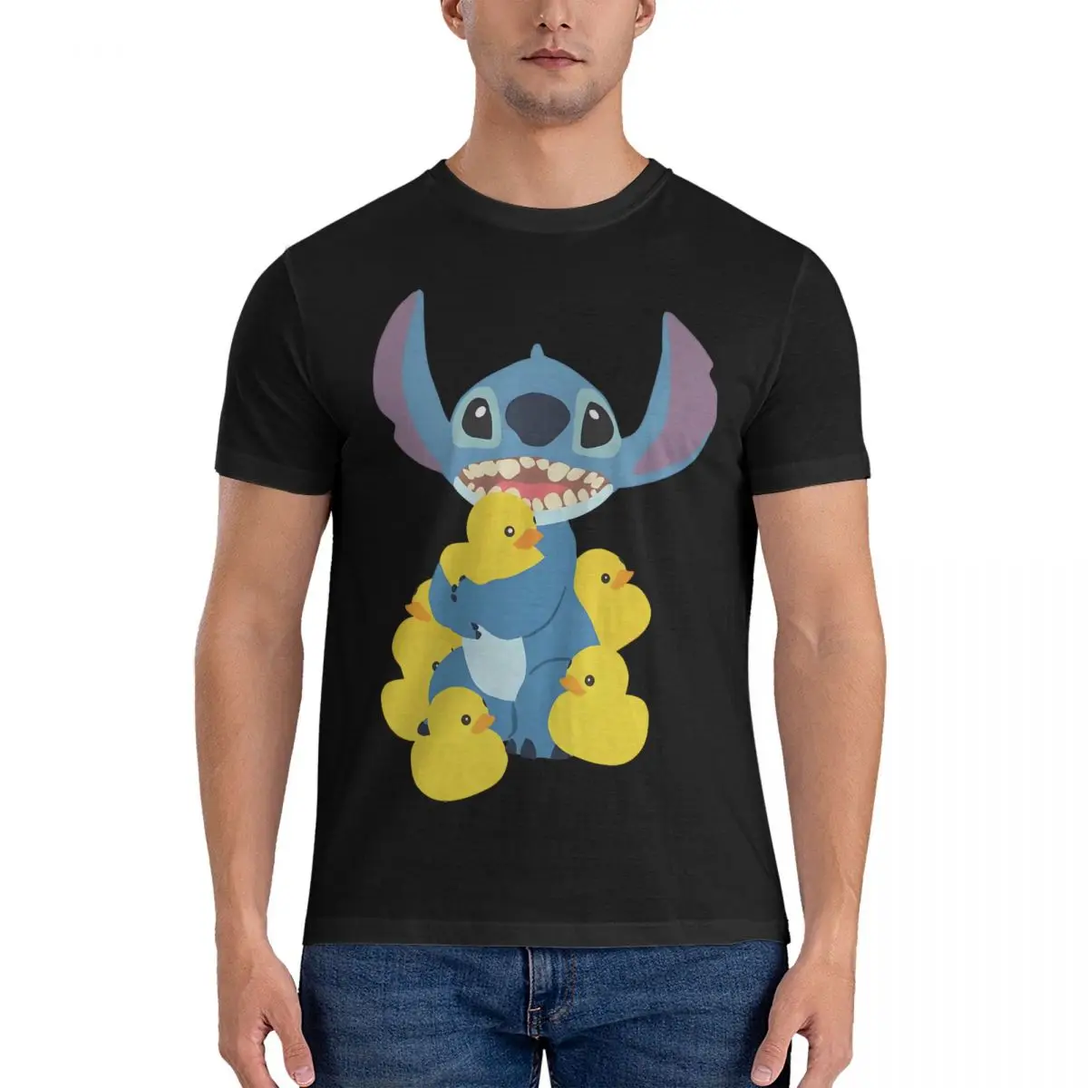 Duckies T Shirt Men's Pure Cotton Unique T-Shirts Crewneck Disney Cartoon Character Stitch Tees Short Sleeve Tops Graphic