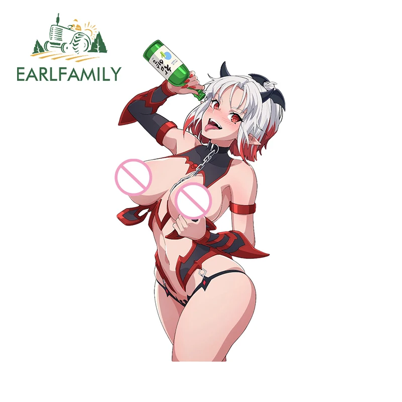 EARLFAMILY 13cm x 6.8cm Drunk Demon Car Sticker Red Eyes Girl Hentai Breast Waterproof Decal Trunk Bumper Anime Accessories