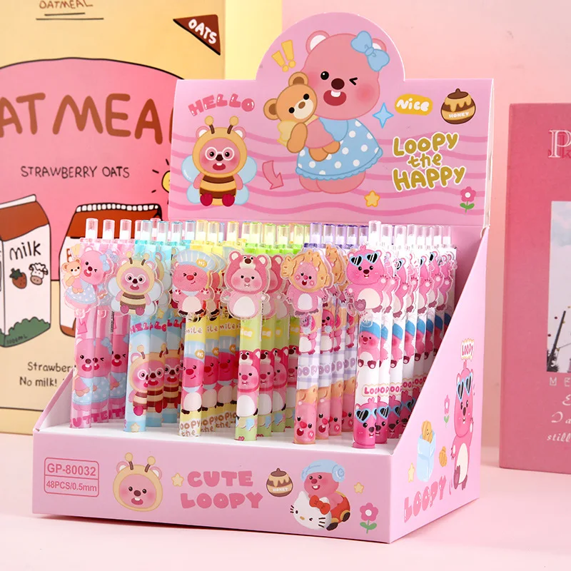 6pcs Kawaii Loopy Press Gel Pens For Writing Cute Pink Animal 0.5mm Black Ink Neutral Pen Promotional Gift Office School Supplie