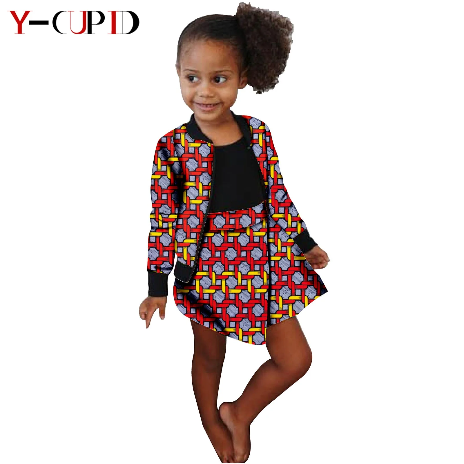 

African Clothes for Kids Bazin Riche Baby Girls Print Baseball Jackets Coats and Skirt Sets Casual Children Clothing S1940014