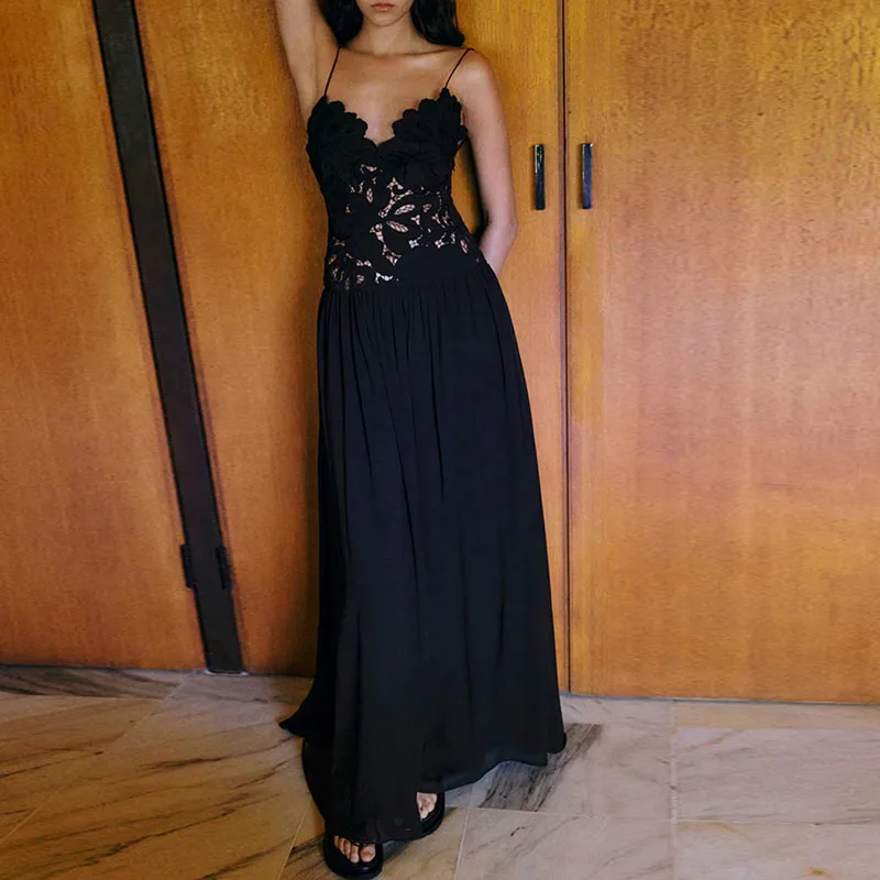 Casual Solid Lace Embroidery Woman Dress Sexy Sling Backless Crochet Long Dress Summer Sleeveless Jacquard Hollow Out Boho Dress