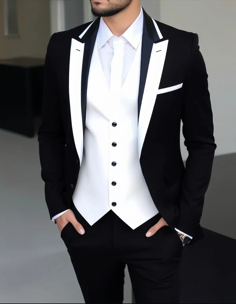

Black and White Slim Fit Tuxedo 3-Piece Wedding Suit