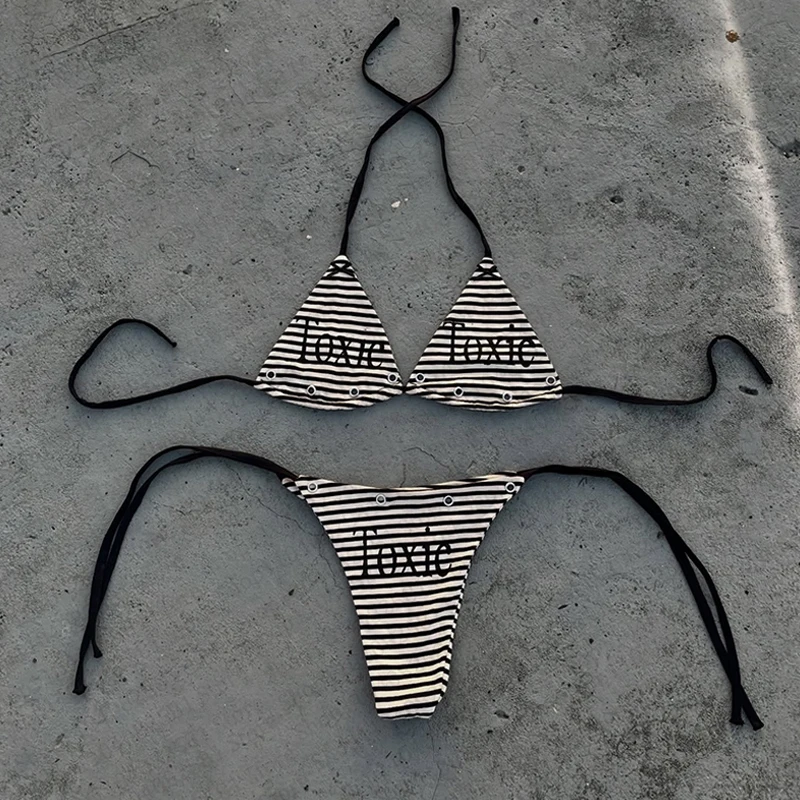 2026 Fashion Gothic Printed Striped Bikini Set Women's Strap Side One Piece Swimsuit Y2K Aesthetic Summer Beach Wear