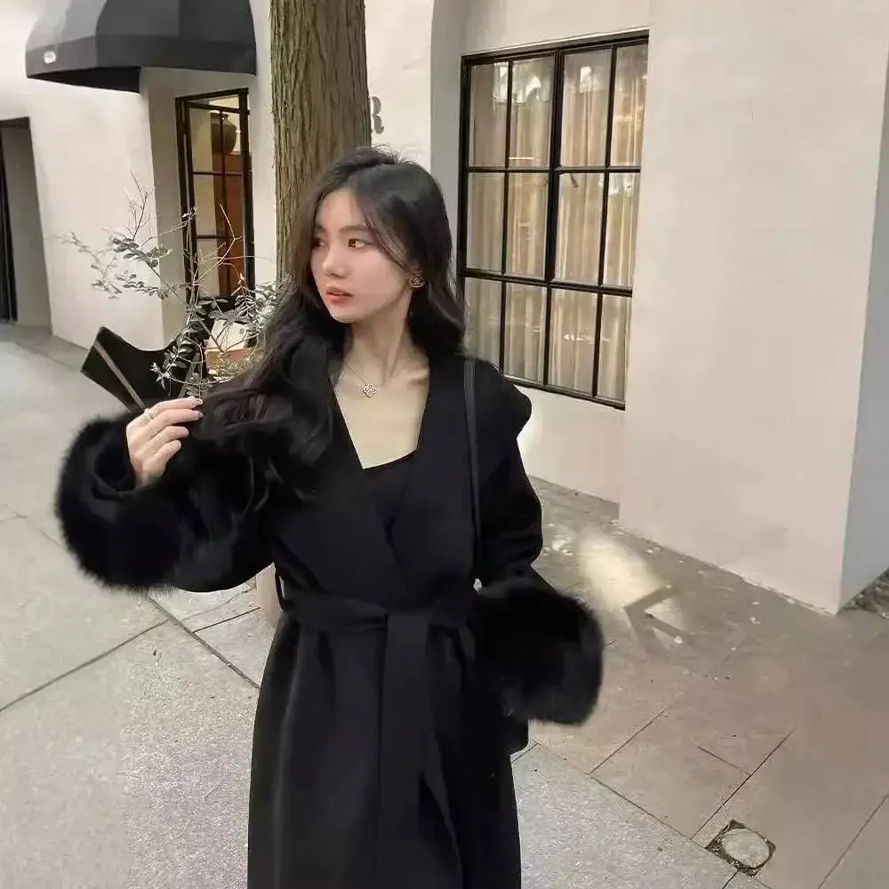 حقيقي كبير التلبيب طويل الثعلب الفراء الصوف المرأة سترة صوفية 2025 شتاء جديد على الوجهين معطف من قماش الكشمير الإناث #2