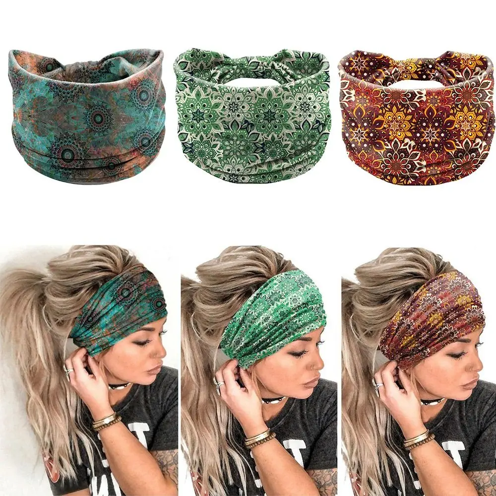 Fashion Stretch Boho Headband Wide-brimmed Cotton Knotted Headwrap Sweat-wicking Mandala Flower Yoga Head Bands Hair Accessories