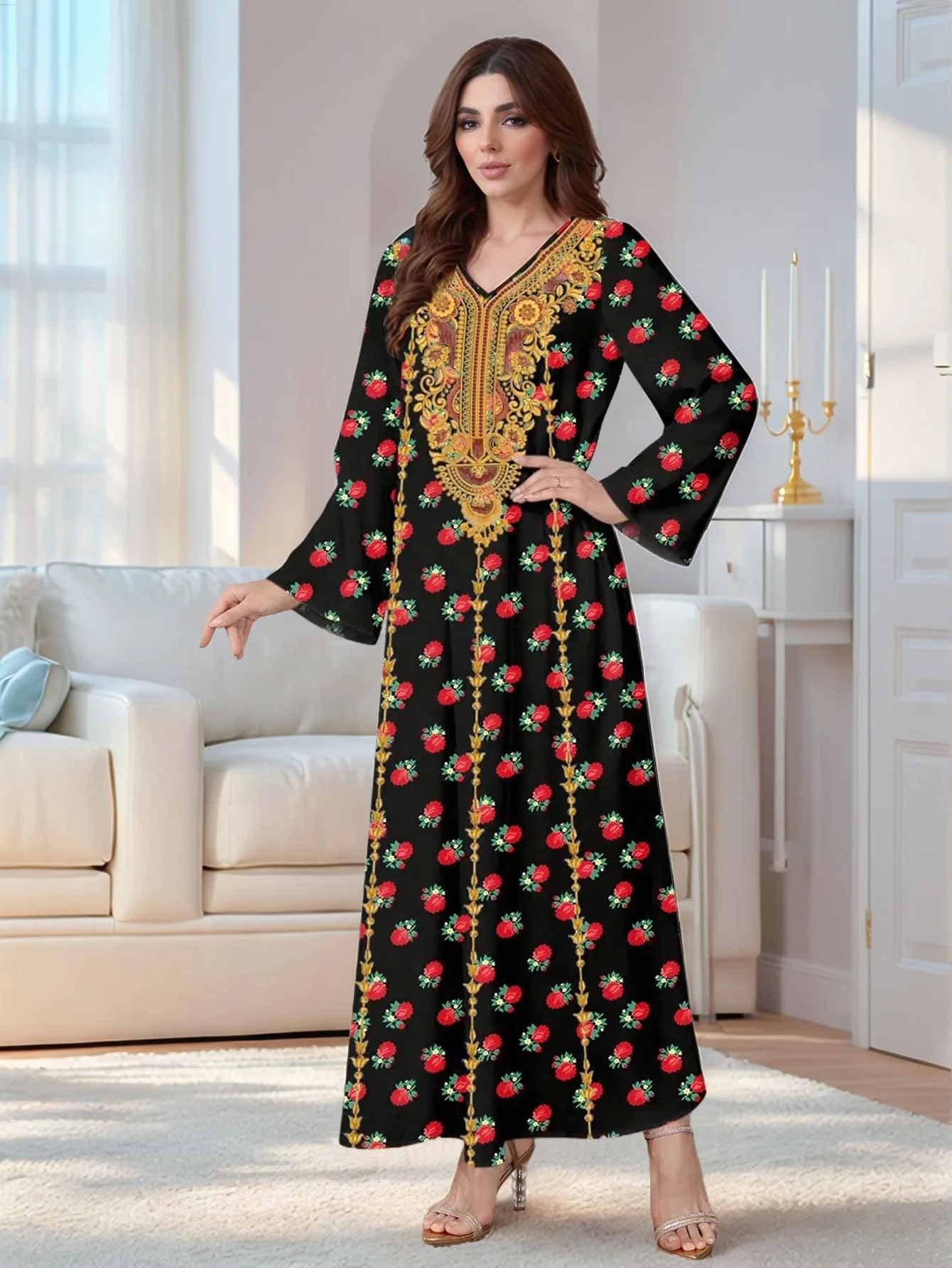 Eid Women Print Dress Muslim Abaya Flower Print V Neck Vestidos Largos Kaftan Arab Long Robe Jalabiya Ramadan Long Dresses 2025 4